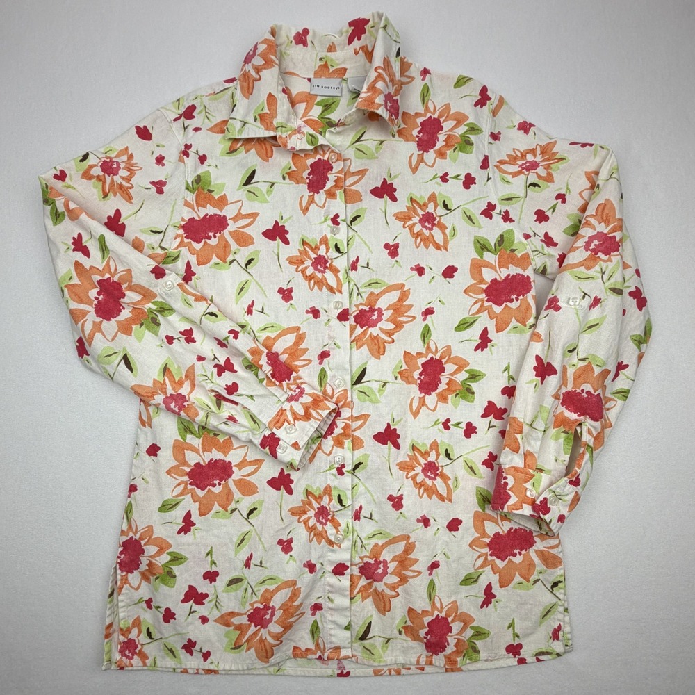 Kim Rogers Womens Small Floral Linen Blend Button Down Shirt Orange Pink Green